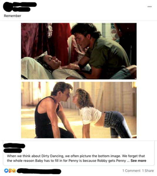 A screenshot of a Facebook post showing two images top-to-bottom from “Dirty Dancing.” In the top image, a man sits with a woman hunched in pain on a bed. In the bottom image, the man dances intimately with a woman.