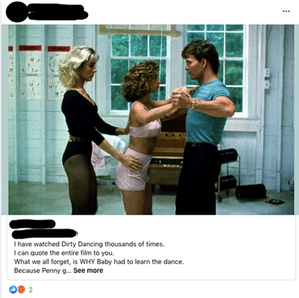 A screenshot of a Facebook post showing an image from “Dirty Dancing” of two women and a man going through dance steps.